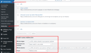 panel plugin redirecion 301 wordpress
